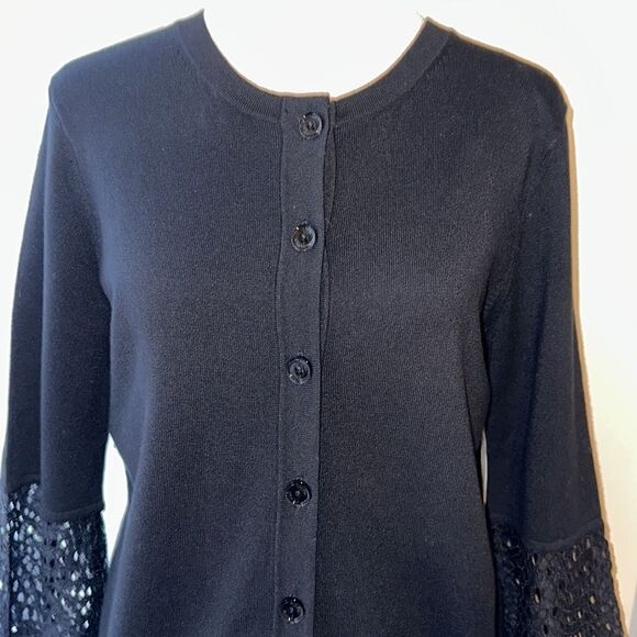 Isaac Mizrahi M Black Lace Bell Sleeve Button Front Knit Cardigan - Picture 3 of 11